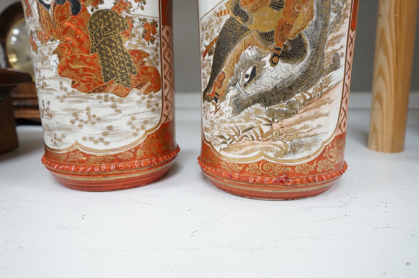 A pair of large Japanese Kutani bamboo shaped vases, Meiji period, 37.5cm high
